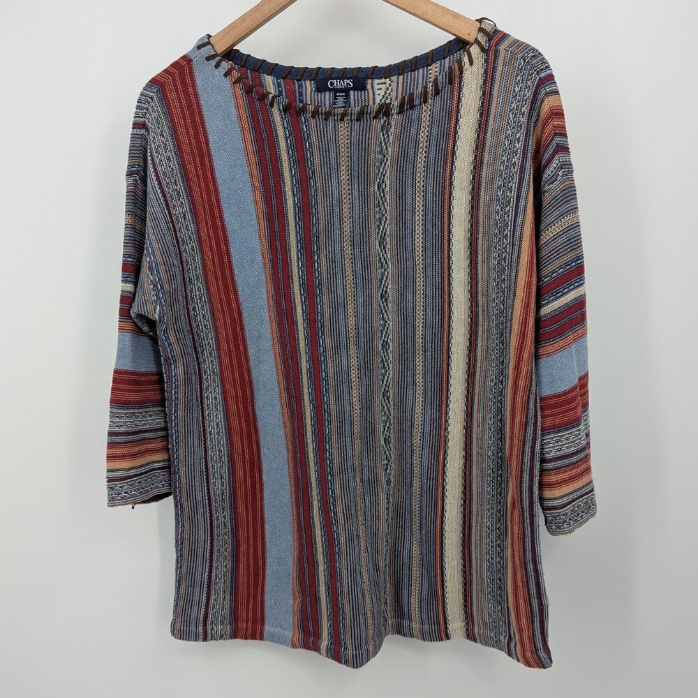 Chaps Denim Sweater M Multicolor Stripe Boho Top 3/4 Sleeve Peruvian Preppy Cozy